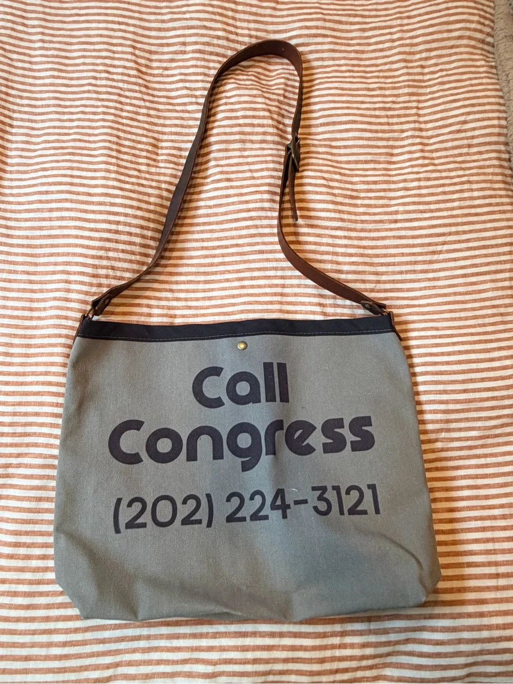 Canvas Messenger Bag with 'Call Congress' Print and Leather Strap